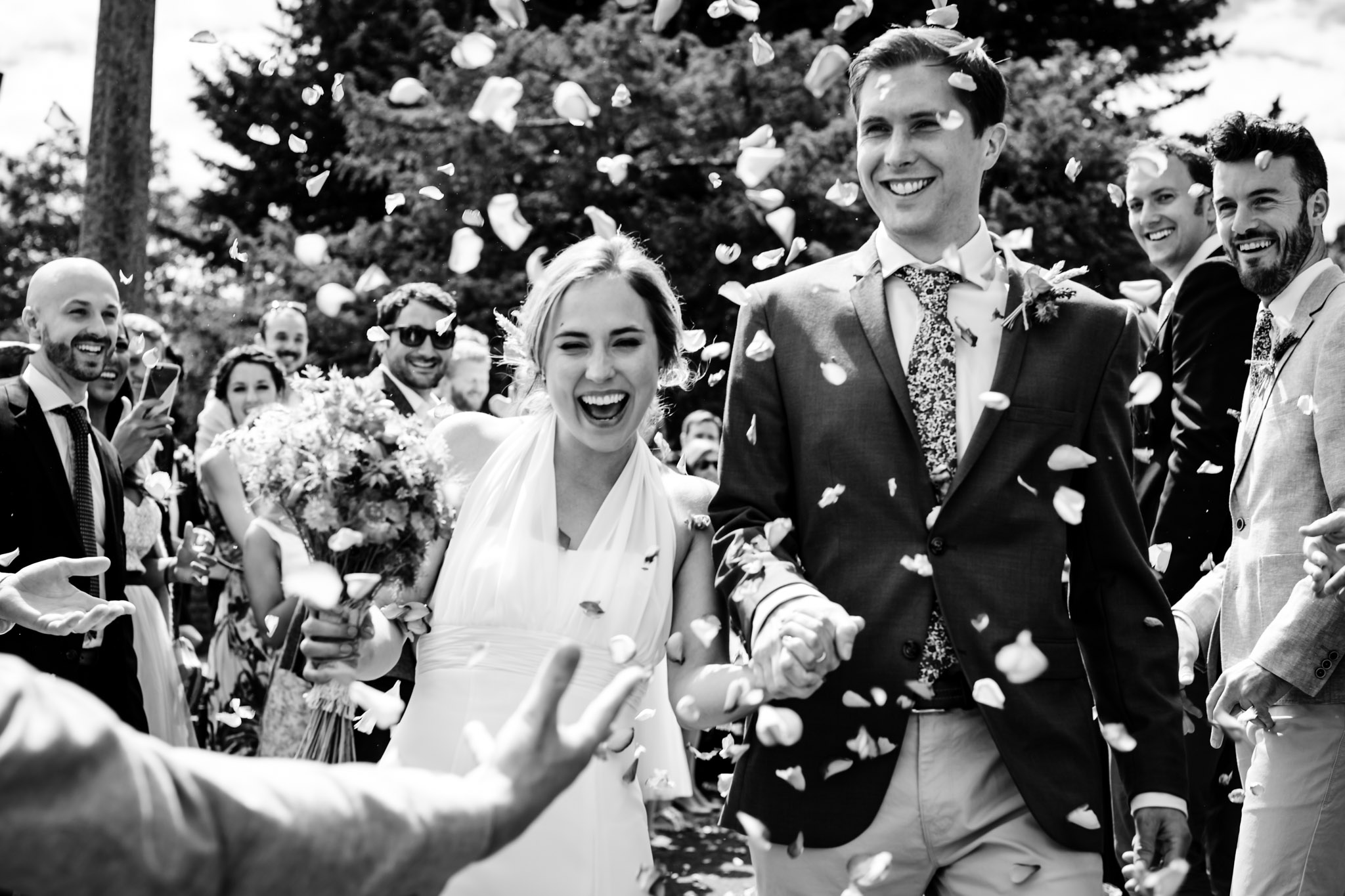 black and white confetti shot at dartmoor wedding holne church