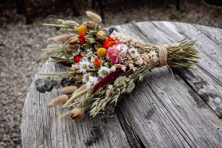 gorgeous dried flower bouquet at wonwood barton eco wedding