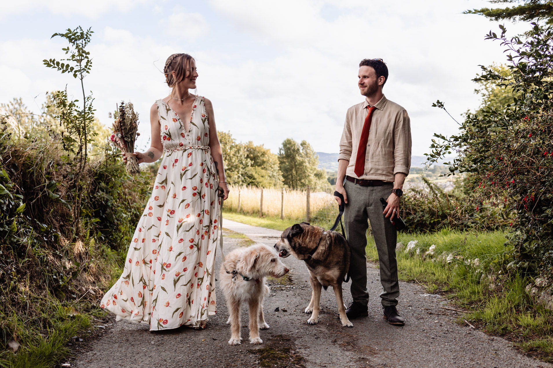 bride groom and their dogs at wonwood barton natural wedding devon