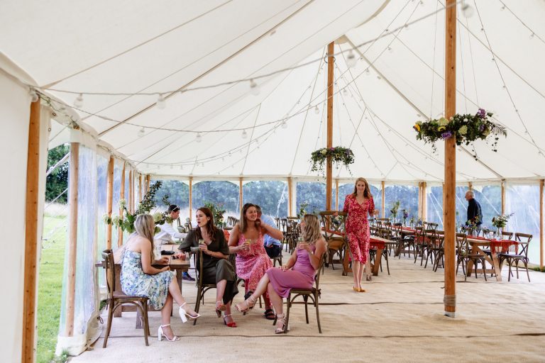 inside the marquee at wonwood barton relaxed wedding