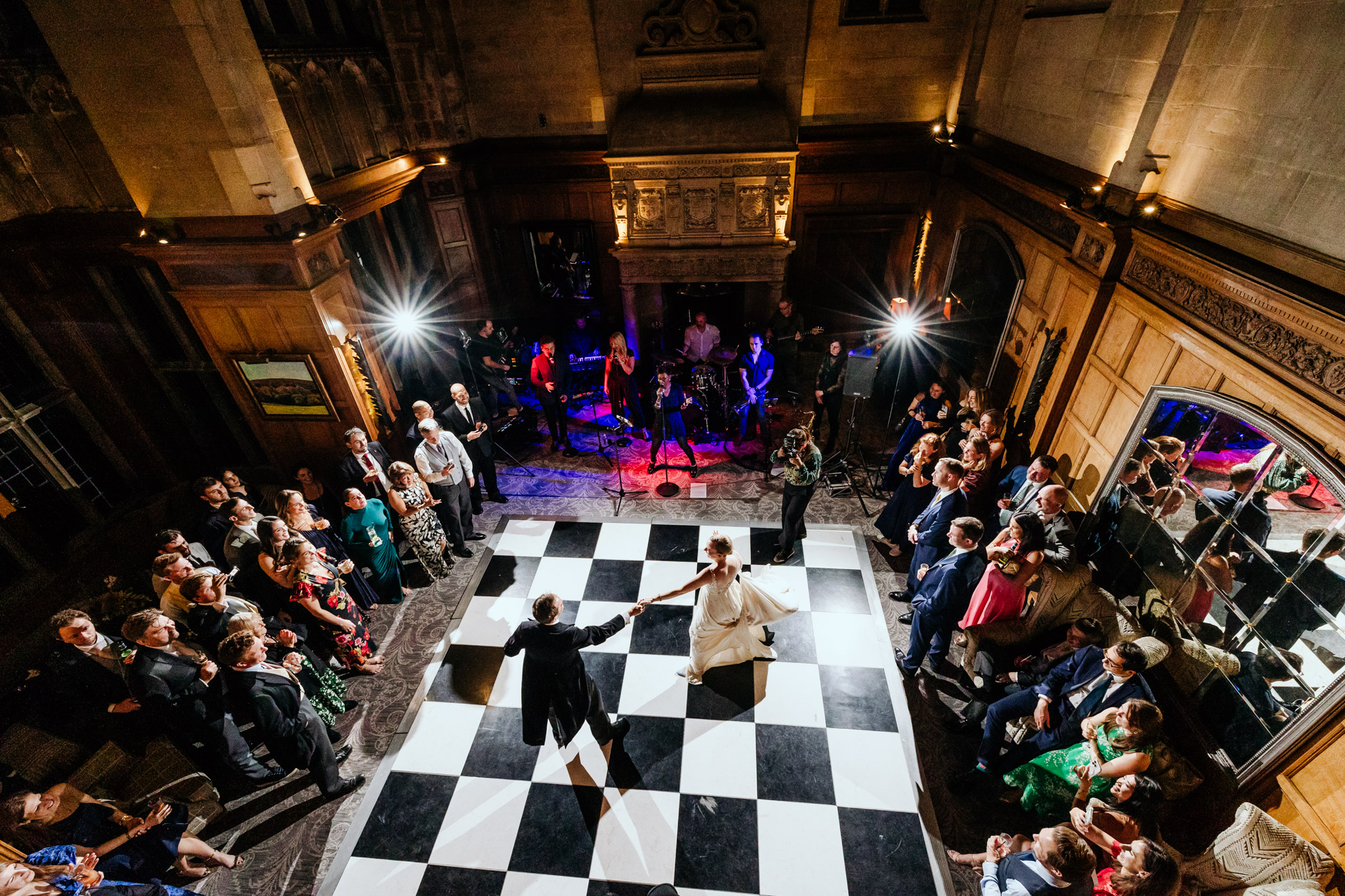 lovely dramatic dance moves and chequered dancefloor shot from above in bovey castle